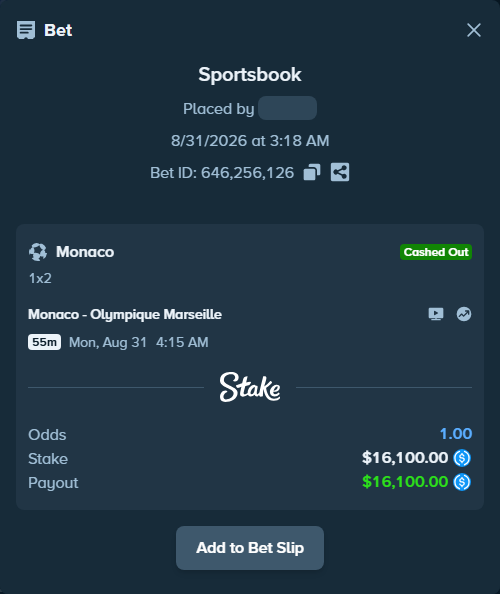 Bet slip: Monaco - Olympique Marseille, $16,100.00 stake at 2.28 odds, placed by bappuji668
