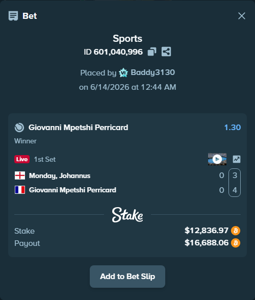 Bet slip: Monday, Johannus - Giovanni Mpetshi Perricard, $12,866.00 stake at 1.30 odds, placed by Baddy3130
