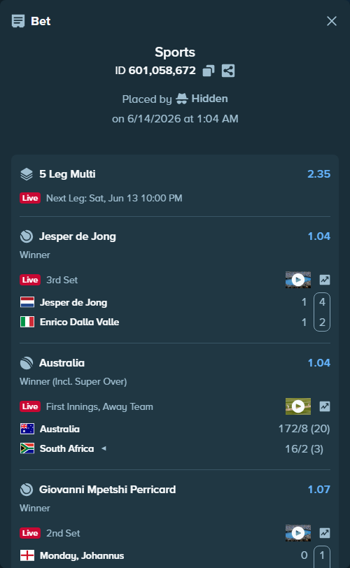 Bet slip: Monday, Johannus - Giovanni Mpetshi Perricard, $14,625.36 stake at 1.07 odds, placed by Hidden