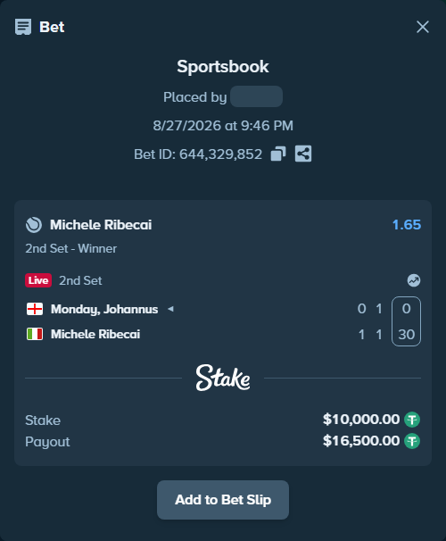 Bet slip: Monday, Johannus - Michele Ribecai, $10,000.00 stake at 1.65 odds, placed by WinTr10