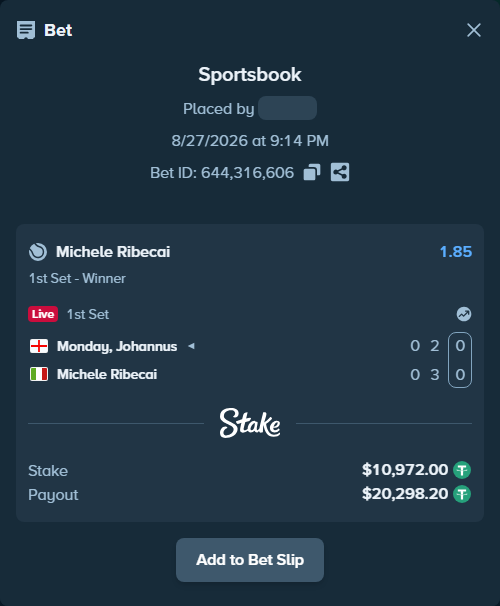 Bet slip: Monday, Johannus - Michele Ribecai, $10,972.00 stake at 1.85 odds, placed by WinTr10