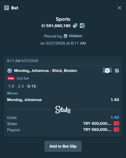 Bet slip: Monday, Johannus - Shick, Braden, $12,000.00 stake at 1.40 odds, placed by Hidden
