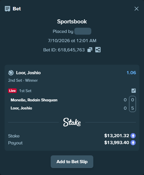 Bet slip: Monelle, Rodain Shaquan - Loor, Joshio, $14,458.92 stake at 1.06 odds, placed by mancillapera