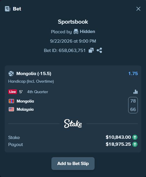 Bet slip: Mongolia - Malaysia, $10,843.00 stake at 1.75 odds, placed by Hidden