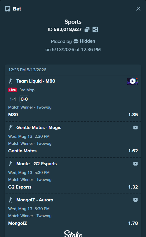 Bet slip: MongolZ - Aurora Gaming, $10,000.00 stake at 1.78 odds, placed by Hidden