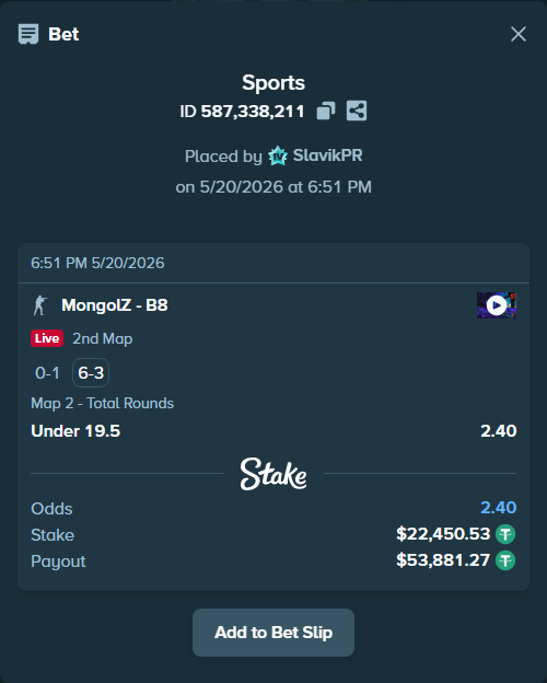 Bet slip: MongolZ - B8, $22,472.98 stake at 2.40 odds, placed by SlavikPR