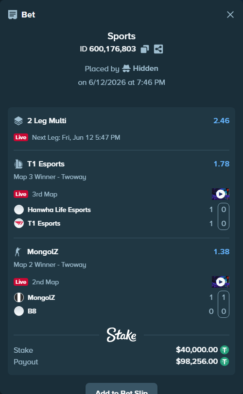 Bet slip: MongolZ - B8, $40,040.00 stake at 1.38 odds, placed by Hidden