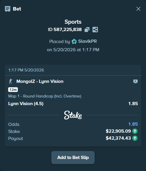 Bet slip: MongolZ - Lynn Vision, $22,928.00 stake at 1.85 odds, placed by SlavikPR