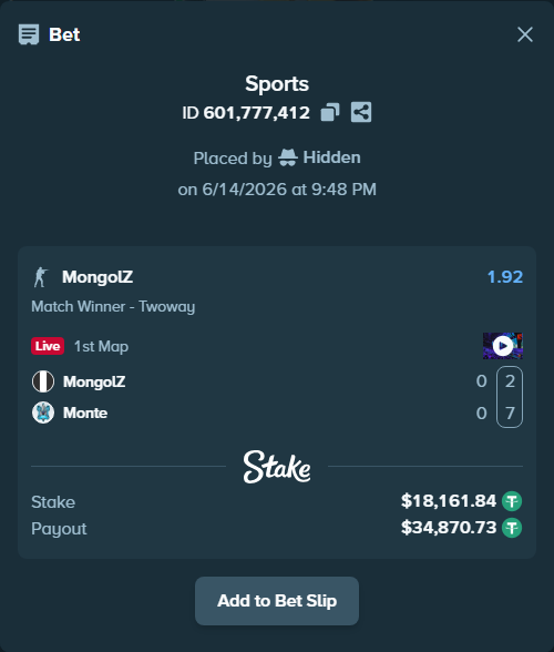 Bet slip: MongolZ - Monte, $18,180.00 stake at 1.92 odds, placed by Hidden