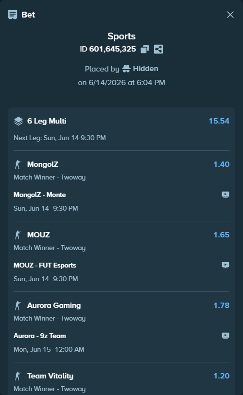 Bet slip: MongolZ - Monte, $29,453.58 stake at 1.40 odds, placed by Hidden