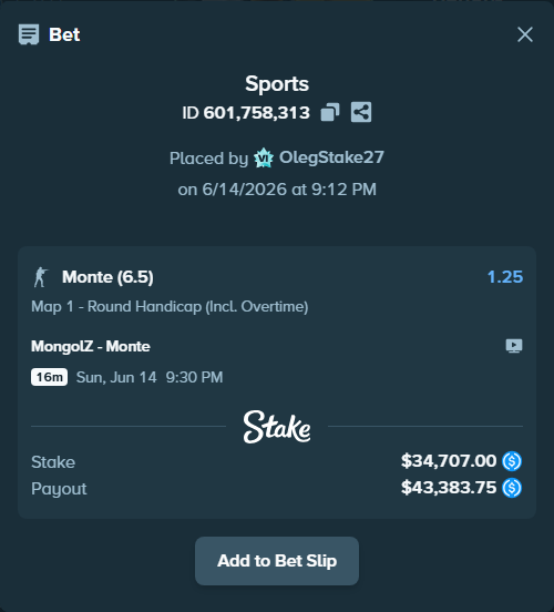 Bet slip: MongolZ - Monte, $34,707.00 stake at 1.25 odds, placed by OlegStake27