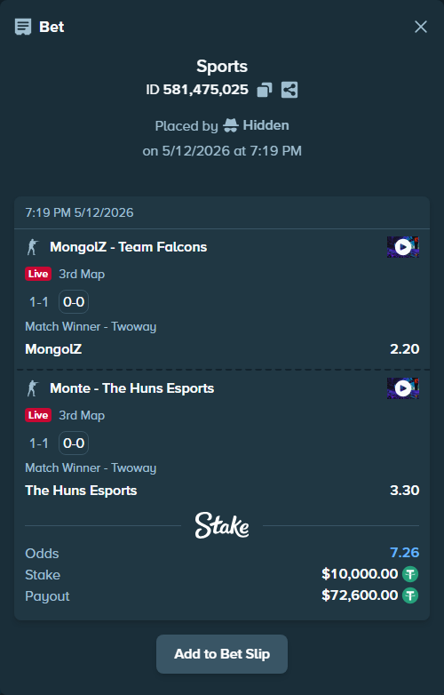 Bet slip: MongolZ - Team Falcons, $10,000.00 stake at 2.20 odds, placed by Hidden