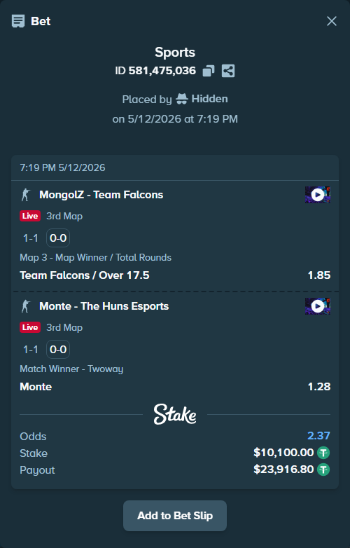 Bet slip: MongolZ - Team Falcons, $10,100.00 stake at 1.85 odds, placed by Hidden