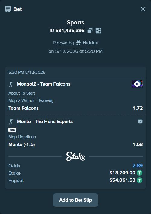 Bet slip: MongolZ - Team Falcons, $18,709.00 stake at 1.72 odds, placed by Hidden