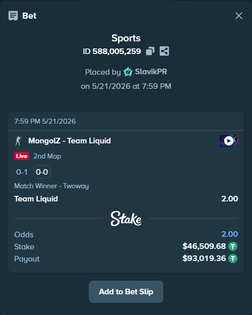 Bet slip: MongolZ - Team Liquid, $46,556.19 stake at 2.00 odds, placed by SlavikPR