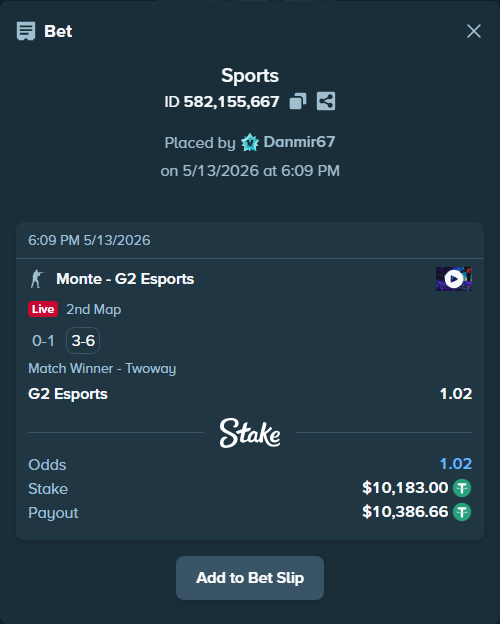 Bet slip: Monte - G2 Esports, $10,183.00 stake at 1.02 odds, placed by Danmir67