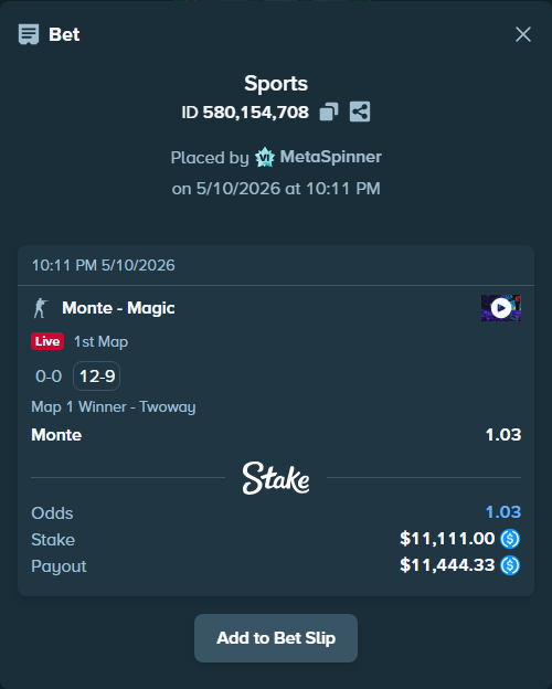 Bet slip: Monte - Magic, $11,111.00 stake at 1.03 odds, placed by MetaSpinner