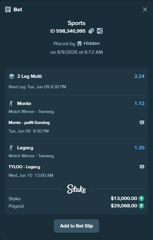 Bet slip: Monte - paiN Gaming, $13,000.00 stake at 1.72 odds, placed by Hidden