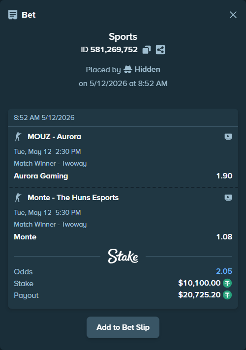 Bet slip: Monte - The Huns Esports, $10,100.00 stake at 1.08 odds, placed by Hidden