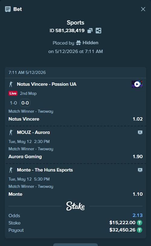 Bet slip: Monte - The Huns Esports, $15,222.00 stake at 1.10 odds, placed by Hidden
