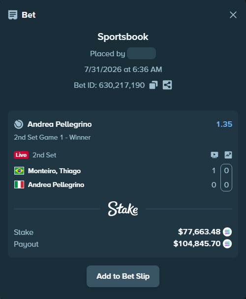 Bet slip: Monteiro, Thiago - Andrea Pellegrino, $75,796.30 stake at 1.35 odds, placed by Prettylfacko98