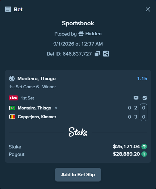 Bet slip: Monteiro, Thiago - Coppejans, Kimmer, $25,121.04 stake at 1.15 odds, placed by Hidden