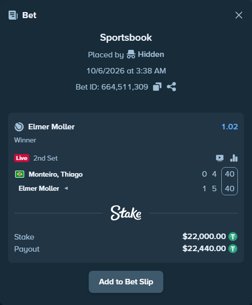 Bet slip: Monteiro, Thiago - Elmer Moller, $22,000.00 stake at 1.02 odds, placed by Hidden