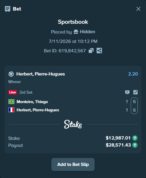 Bet slip: Monteiro, Thiago - Herbert, Pierre-Hugues, $13,000.00 stake at 2.20 odds, placed by Hidden