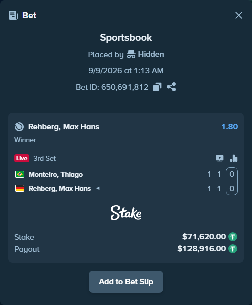 Bet slip: Monteiro, Thiago - Rehberg, Max Hans, $71,620.00 stake at 1.80 odds, placed by Hidden