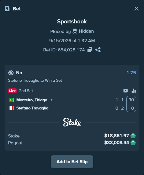 Bet slip: Monteiro, Thiago - Stefano Travaglia, $18,861.97 stake at 1.75 odds, placed by Hidden