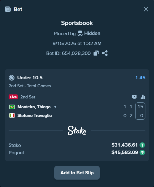 Bet slip: Monteiro, Thiago - Stefano Travaglia, $31,436.61 stake at 1.45 odds, placed by Hidden