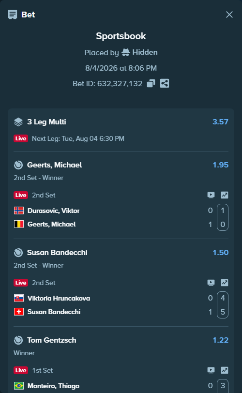 Bet slip: Monteiro, Thiago - Tom Gentzsch, $10,000.00 stake at 1.22 odds, placed by Hidden
