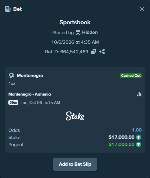 Bet slip: Montenegro - Armenia, $17,000.00 stake at 1.45 odds, placed by mi6a1