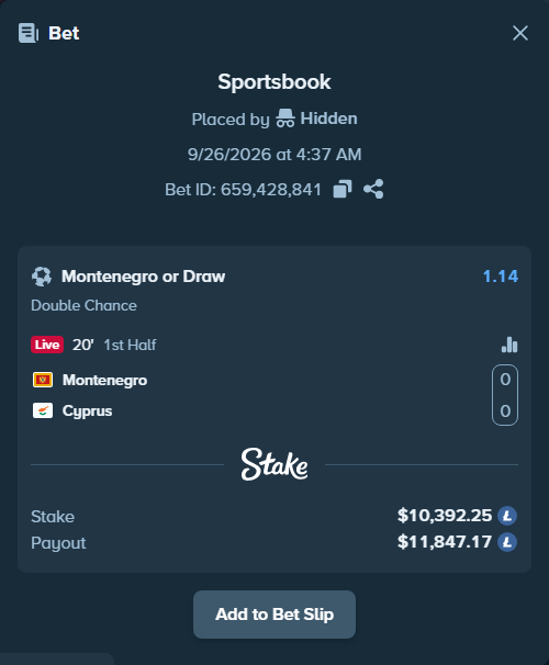 Bet slip: Montenegro - Cyprus, $10,662.02 stake at 1.14 odds, placed by geronimo1980