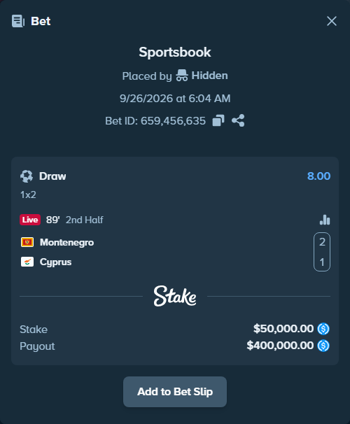 Bet slip: Montenegro - Cyprus, $50,000.00 stake at 8.00 odds, placed by Hidden