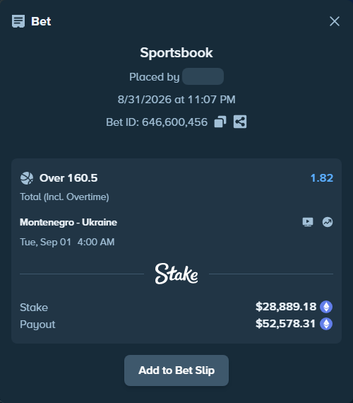 Bet slip: Montenegro - Ukraine, $29,177.41 stake at 1.82 odds, placed by theoutlaw