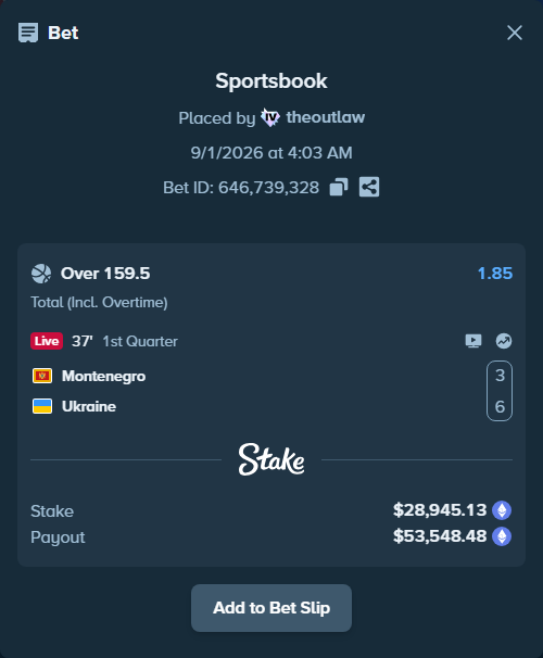 Bet slip: Montenegro - Ukraine, $28,759.07 stake at 1.85 odds, placed by theoutlaw