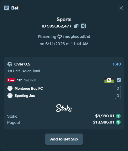 Bet slip: Monterey Bay FC - Sporting Jax, $10,000.00 stake at 1.40 odds, placed by rmaghsdudthd