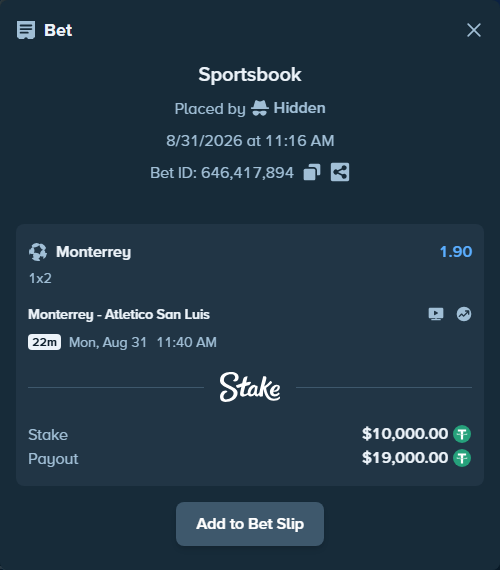 Bet slip: Monterrey - Atletico San Luis, $10,000.00 stake at 1.90 odds, placed by Hidden
