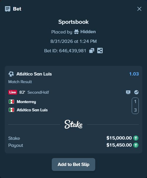 Bet slip: Monterrey - Atletico San Luis, $15,000.00 stake at 1.03 odds, placed by Hidden