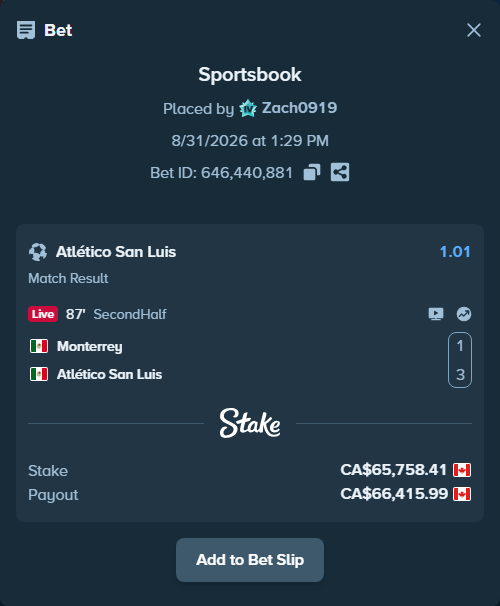 Bet slip: Monterrey - Atletico San Luis, $48,661.22 stake at 1.01 odds, placed by Zach0919