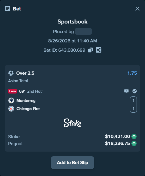 Bet slip: Monterrey - Chicago Fire, $10,421.00 stake at 1.75 odds, placed by tlwns4736