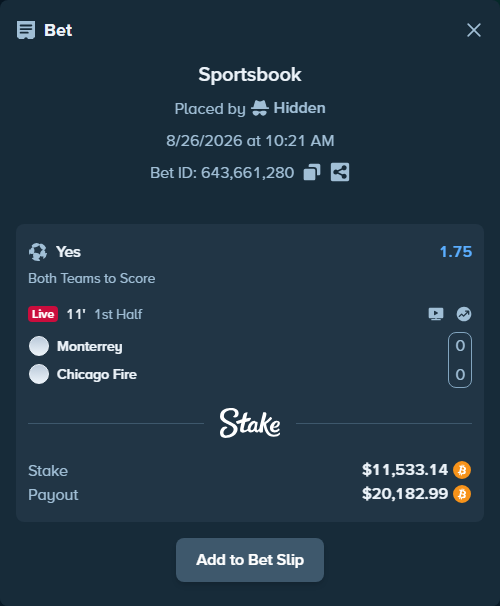 Bet slip: Monterrey - Chicago Fire, $11,589.72 stake at 1.75 odds, placed by Hidden