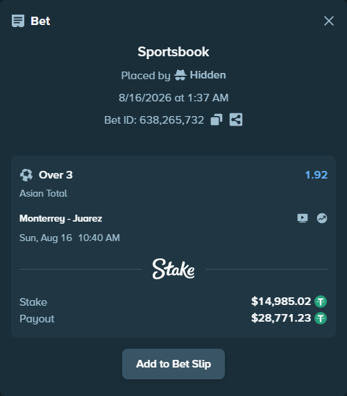 Bet slip: Monterrey - Juarez, $15,000.00 stake at 1.92 odds, placed by Hidden