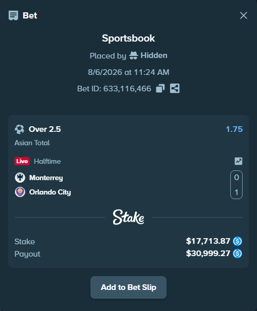 Bet slip: Monterrey - Orlando City, $17,713.87 stake at 1.75 odds, placed by Hidden