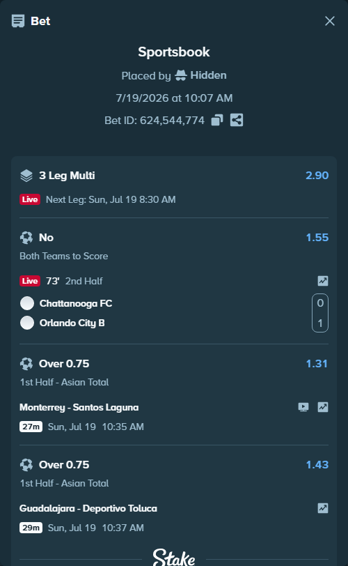 Bet slip: Monterrey - Santos Laguna, $10,000.00 stake at 1.31 odds, placed by Hidden