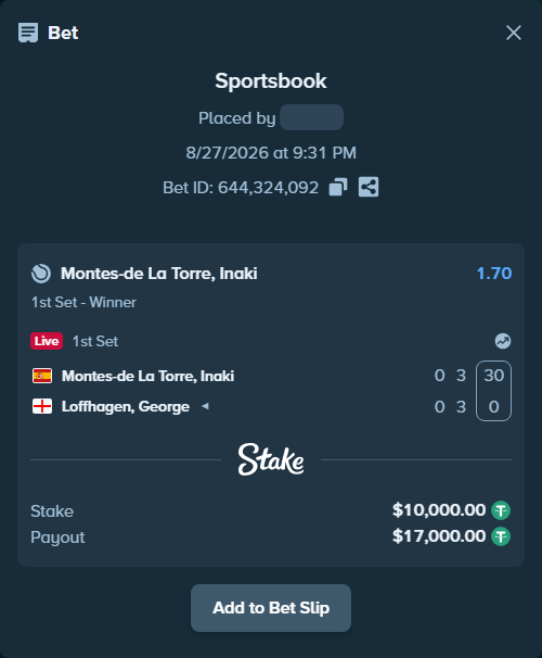 Bet slip: Montes-de la Torre, Inaki - Loffhagen, George, $10,000.00 stake at 1.70 odds, placed by WinTr10