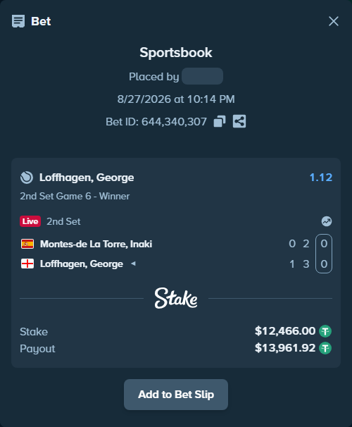 Bet slip: Montes-de la Torre, Inaki - Loffhagen, George, $12,466.00 stake at 1.12 odds, placed by diomancy