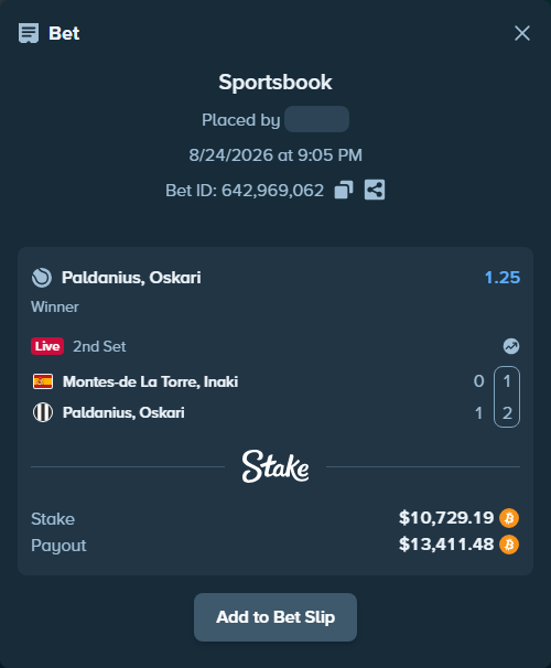 Bet slip: Montes-de la Torre, Inaki - Paldanius, Oskari, $10,905.45 stake at 1.25 odds, placed by messrjaysr