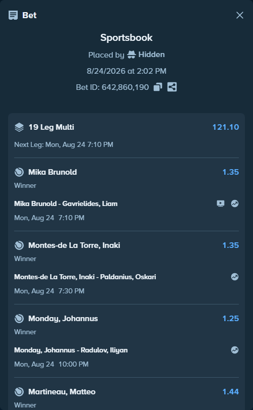 Bet slip: Montes-de la Torre, Inaki - Paldanius, Oskari, $15,000.00 stake at 1.35 odds, placed by Hidden